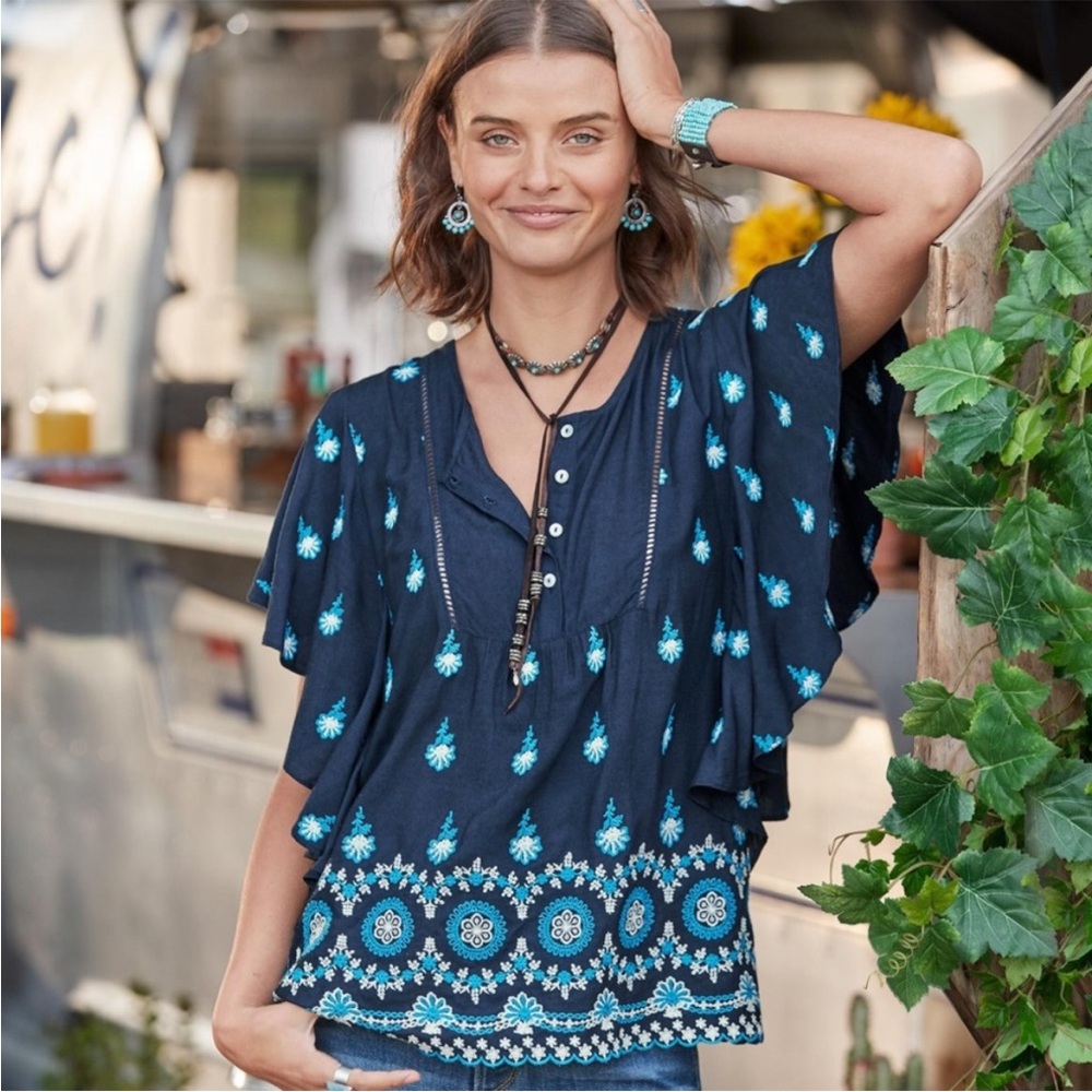 Sundance Tapestry Stories Embroidered Floral Tunic Blue Size S